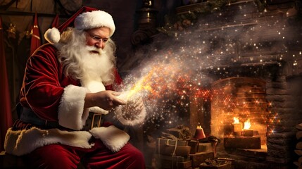 Santa catching a childs letter thats magically flown down the chimney