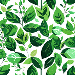 Fototapeta premium Seamless pattern with green leaves on white background. Vector illustration.