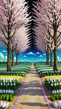 Alley among flowering trees and tulips against the blue sky. Sunny day in the spring park. Animation.