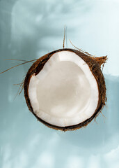 A cut piece of coconut, tropical healthy food, space for text
