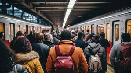 Busy train station platform with a teeming crowd of commuters during rush hour. The scene is filled with anonymous faces, creating a mysterious and bustling urban atmosphere