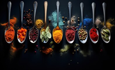 A series of spoons with various bright spices on a black background, arranged in a line.