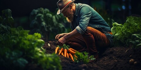 Naklejka na ściany i meble An elderly Caucasian man with a grey beard and a hat is collecting carrots in a garden against a backdrop of green plants.