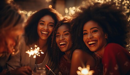 A group of young adult Black women with joyful smiles holding sparklers against a backdrop of night lights. - obrazy, fototapety, plakaty