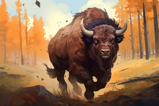 illustration of a painting of a bison in nature