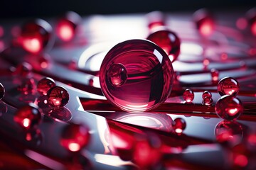 Red glass spheres of various sizes are placed on a reflective surface with a darkened background....