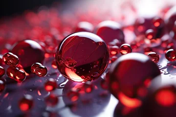 Fotobehang A large red glass sphere at the center of the image, surrounded by smaller spheres, on a reflective surface with bright light glares. Abstract background and wallpaper. © volga