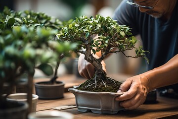 A close-up of an adult person carefully tending a potted bonsai on a wooden table.