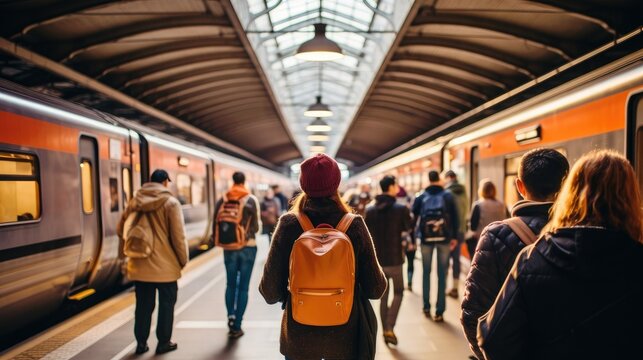 A bustling train station with a crowded platform, filled with commuters in a lively atmosphere. Backs of people in constant movement, vibrant energy of urban city life during rush hour