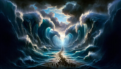 "Waves of Liberation": Moses commands, parting the Red Sea for Hebrews. Divine waters stand as guardians, guiding to freedom.