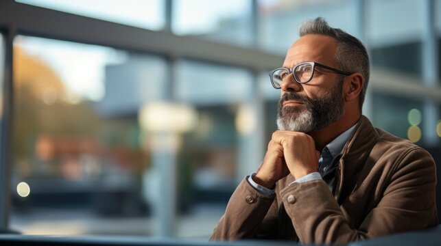 AMD/Low Vision Awareness Month Concept. A man with glasses looks out the window.