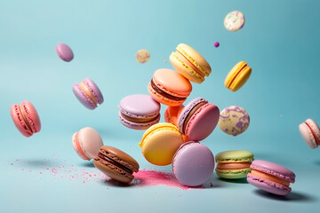 Obraz premium different colorful of macarons floating on the air isolated on clean background