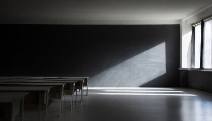 classe scolastica vuota al buio con luce che penetra dalla finestra generato con ai - obrazy, fototapety, plakaty
