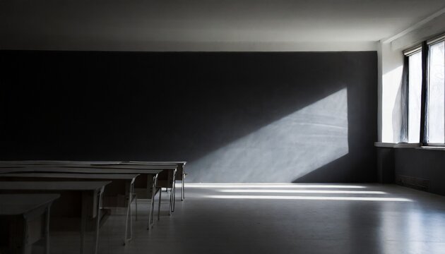 classe scolastica vuota al buio con luce che penetra dalla finestra generato con ai