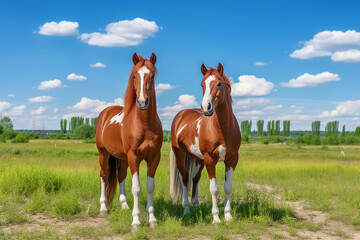 Obraz premium Two horses in summer in nature close-up, farming and agriculture concept