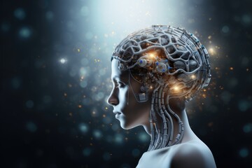 Obraz premium A symbolic concept image of AI technology fused with a human robot brain.by Generative AI.
