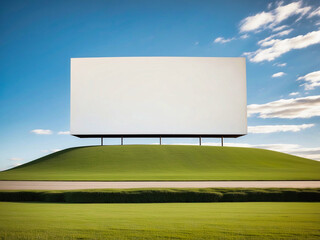 Una gran valla publicitaria con un fondo blanco impoluto, lista para la publicidad. Está colocada sobre una colina cubierta de hierba