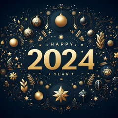 Foto op Canvas Happy new 2024 year background with golden elements. Greetings banner. Generative AI. © rob3rt82