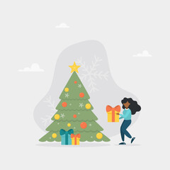 A woman hides gifts under a Christmas tree decorated with baubles and garlands. The concept of the magic of finding gifts, the canon of Christmas, New Year celebration. Flat vector illustration.
