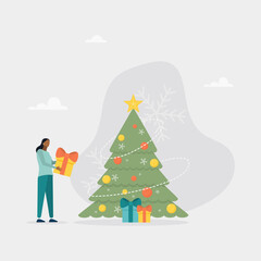 A woman hides gifts under a Christmas tree decorated with baubles and garlands. The concept of the magic of finding gifts, the canon of Christmas, New Year celebration. Flat vector illustration.
