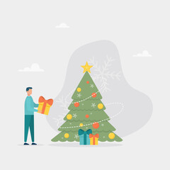 A man hides gifts under a Christmas tree decorated with baubles and garlands. The concept of the magic of finding gifts, the canon of Christmas, New Year celebration. Flat vector illustration.
