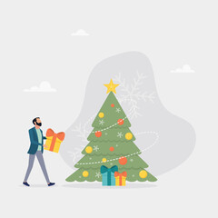 A man hides gifts under a Christmas tree decorated with baubles and garlands. The concept of the magic of finding gifts, the canon of Christmas, New Year celebration. Flat vector illustration.
