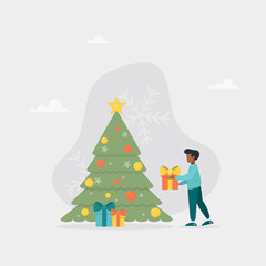 A man hides gifts under a Christmas tree decorated with baubles and garlands. The concept of the magic of finding gifts, the canon of Christmas, New Year celebration. Flat vector illustration.
