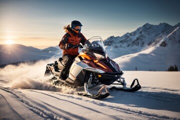  A man wearing a insulated winter jacket and trousers rides a snowmobile leaving footprints in nature against the backdrop of high mountains with snow at sunset. - obrazy, fototapety, plakaty