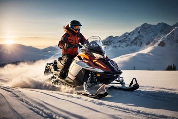 Poster  A man wearing a insulated winter jacket and trousers rides a snowmobile leaving footprints in nature against the backdrop of high mountains with snow at sunset. © liliyabatyrova