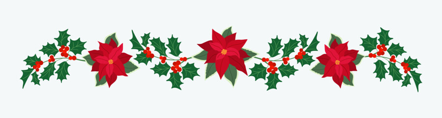 Christmas garlands with red poinsettia and holly berries. Festive traditional decoration. Hand drawn vector illustration isolated on white background, flat cartoon style. - obrazy, fototapety, plakaty