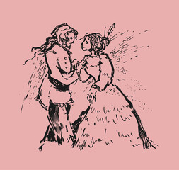 The couple in love. Dancing wedding illustration. In graphic drawing. Can be used as logo or background. - 677624156