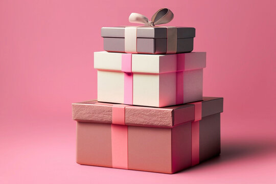 Tr&ecirc;s caixas de presentes empilhados com um fundo cor-de-rosa.