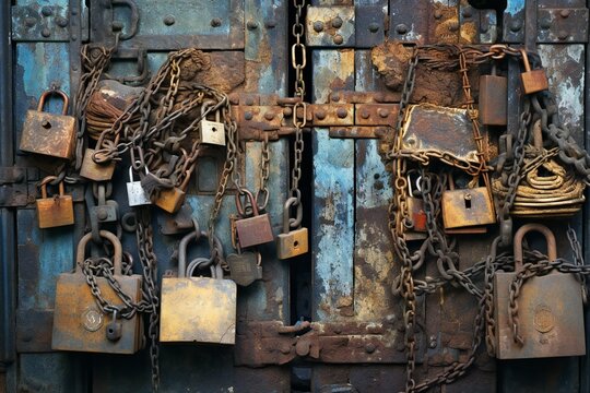 Old rusty padlocks and chains on the door of an old factory