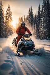 A man wearing a red jacket, a protective helmet and glasses on a snowmobile in winter in the forest...