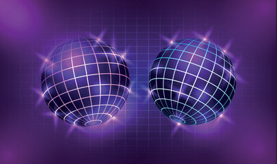 Neon disco ball background and night club party ball light glowing