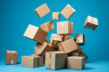 Closed and taped cardboard boxes flying isolated on turquoise blue background