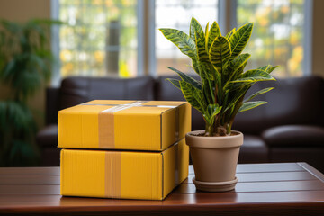 Goods delivery service. Closeup of beige paper wrapped gift box on office desk. Blur green plant in background.