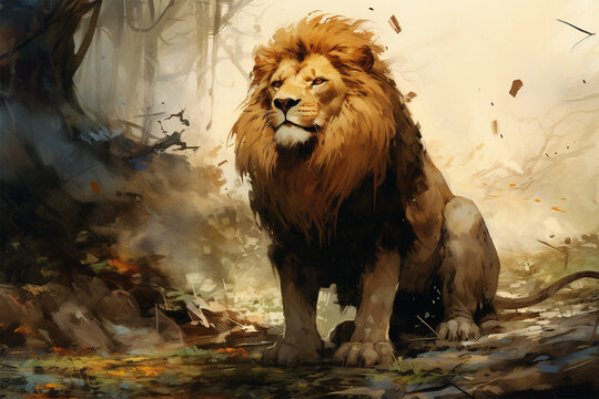 illustration of a painting of a lion in nature