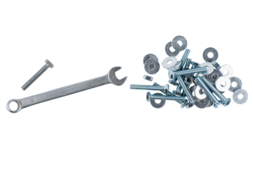 Wrench nuts and bolt isolated on white background. Top view