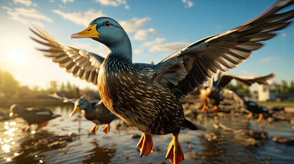 Obraz premium Duck flying over the water on a sunny day. Close up. Mallard duck flying in the sunset. 3d rendering.