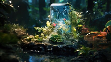 Digital waterfall flowing from a smartphone screen into a real pond surrounded by lush vegetation. Digital detox concept.