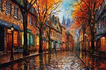 Fototapeta na wymiar Digital painting of an autumn alley in the old town of Strasbourg, France