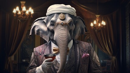 Fototapeta na wymiar a statue of an elephant wearing a turban and holding a cup of coffee in front of a chandelier in a room with chandeliers and chandeliers. generative ai