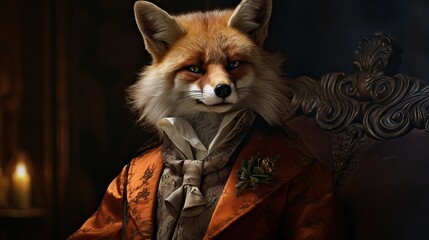  a close up of a fox wearing a suit and tie with a candle lit room in the back ground behind it and a chair in the front of the picture.  generative ai