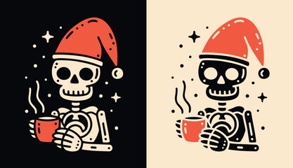 Skeleton Santa holding coffee cup illustration. Funny skull Christmas hat. Holiday season aesthetic drawing for coffee lovers, barista, coffee shops. Minimalist flat design vector print products.