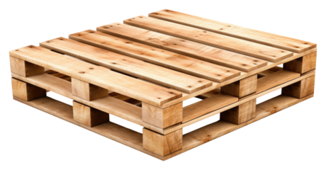 Wooden pallet on isolated transparent background, perspective side top view, logistics tool