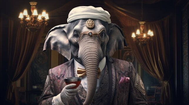  a statue of an elephant wearing a turban and holding a cup of coffee in front of a chandelier in a room with chandeliers and chandeliers.  generative ai