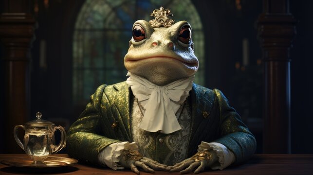  a frog dressed as a king sitting at a table with a glass of tea in front of him and a teapot in front of him on a wooden table.  generative ai