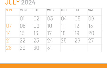 Calendar July 2024, corporate design template vector. Desk calendar 2024 - obrazy, fototapety, plakaty