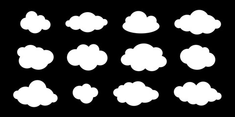 Vector set of doodle simple white clouds on black background. Cloud collection in flat design. Speech bubbles with copy space.